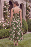 Green Printed Flower A Line Square Neck Wedding Guest Dress with Bow