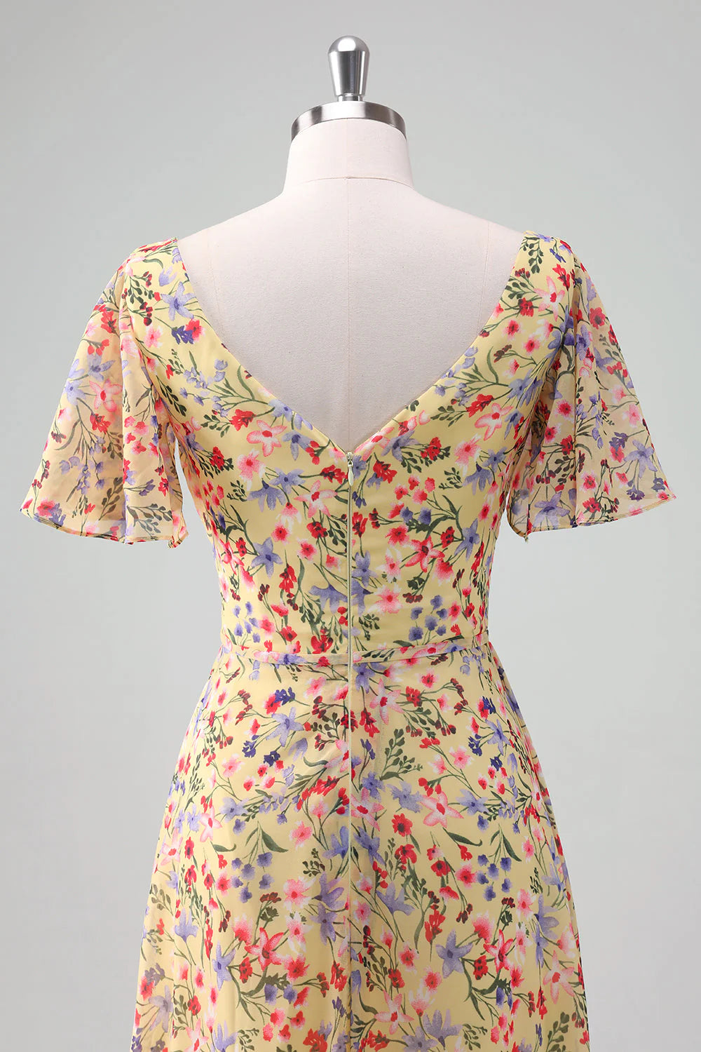 Yellow Flower Printed A Line Chiffon V Neck Bridesmaid Dress with Short Sleeves