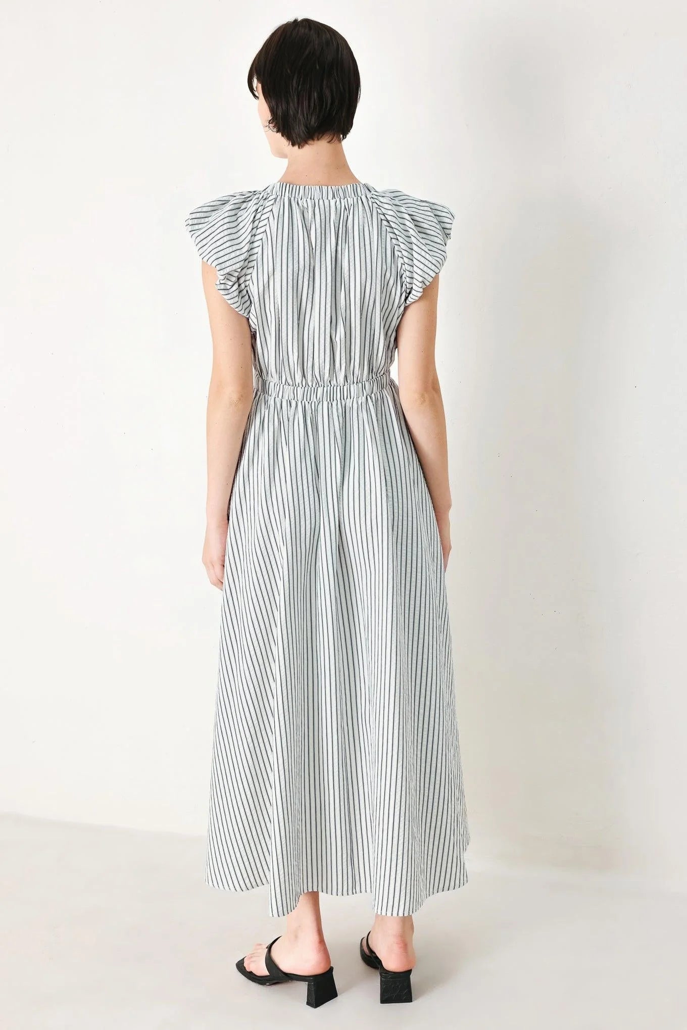 WHISPER STRIPE EMPIRE WAIST MIDI DRESS