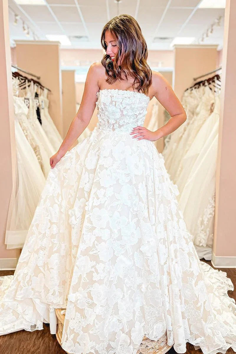 A Line Strapless Floral Lace Wedding Dresses