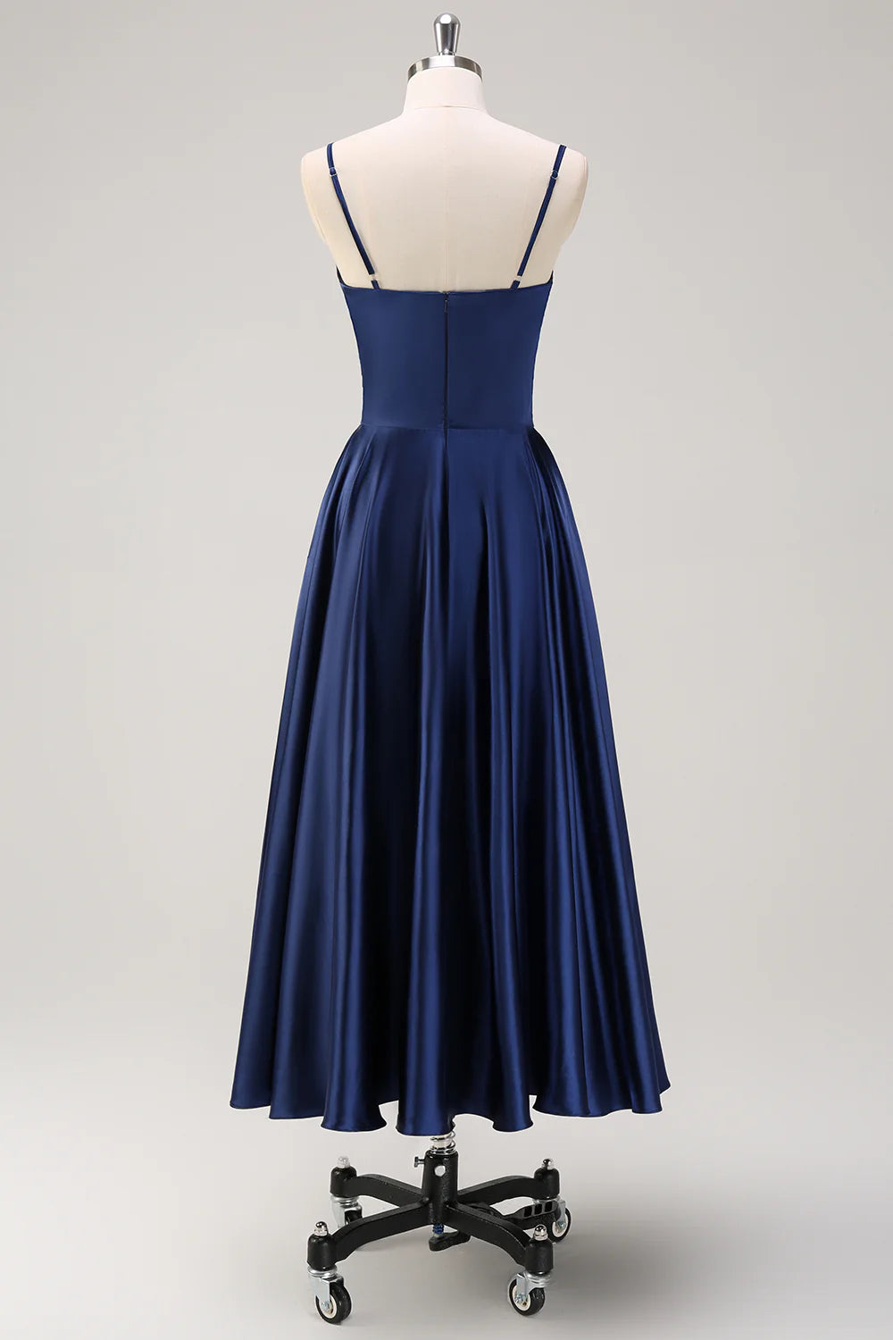 Dark Navy A Line Spaghetti Straps Pleated Midi Dress