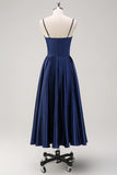 Dark Navy A Line Spaghetti Straps Pleated Midi Dress