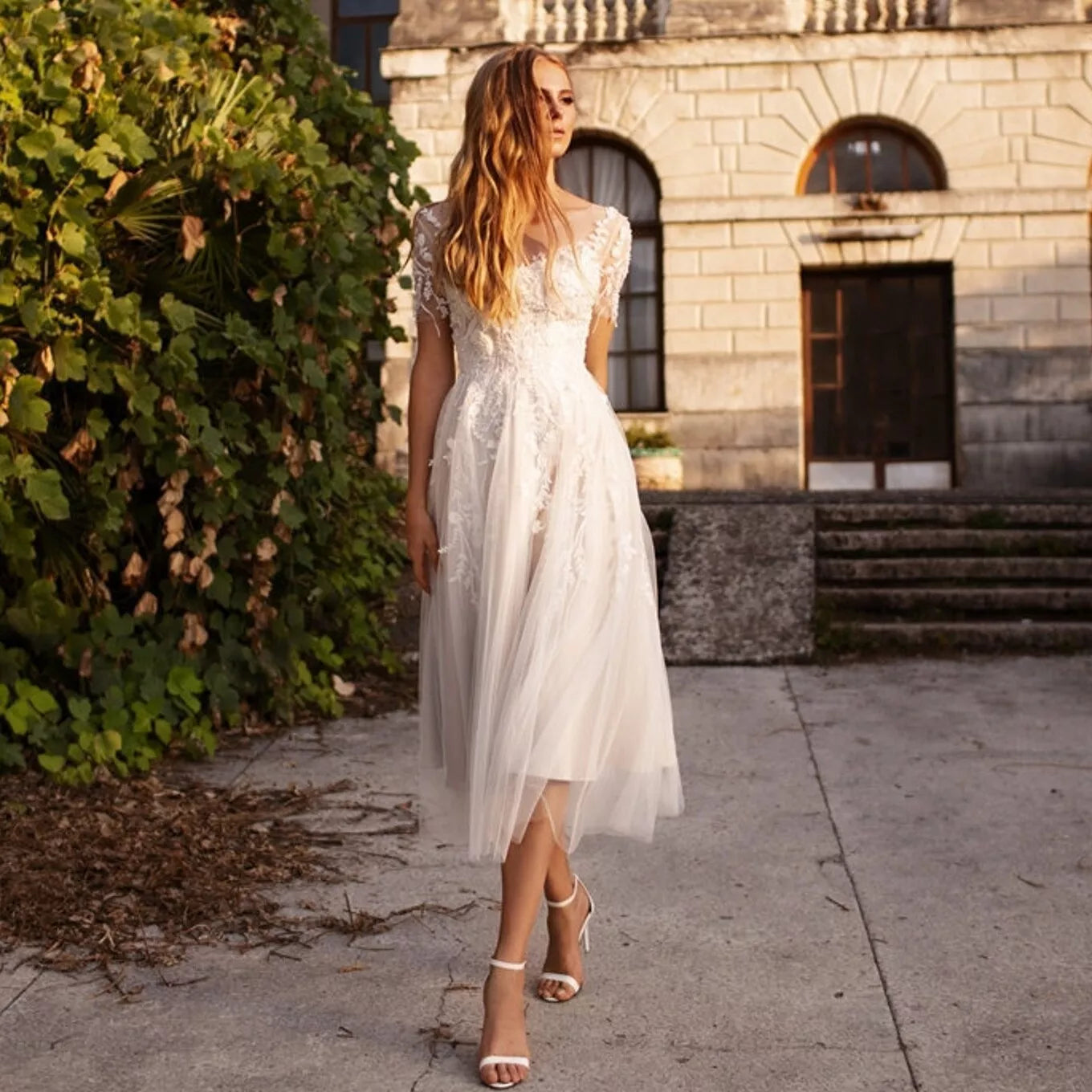 Tea Length Sleeves Ethereal Modern A Line V Neck Button Back Wedding Dress