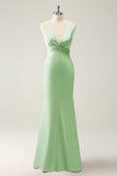 Mermaid Deep V Neck Pleated Backless Bridesmaid Dress with Lace Up Back