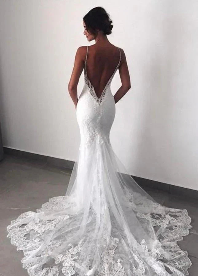 Spaghetti Straps Backless Mermaid Lace Wedding Dresses with Appliques