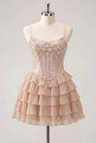 Champagne A Line Sequin Tiered Ruffle Short Homecoming Dress