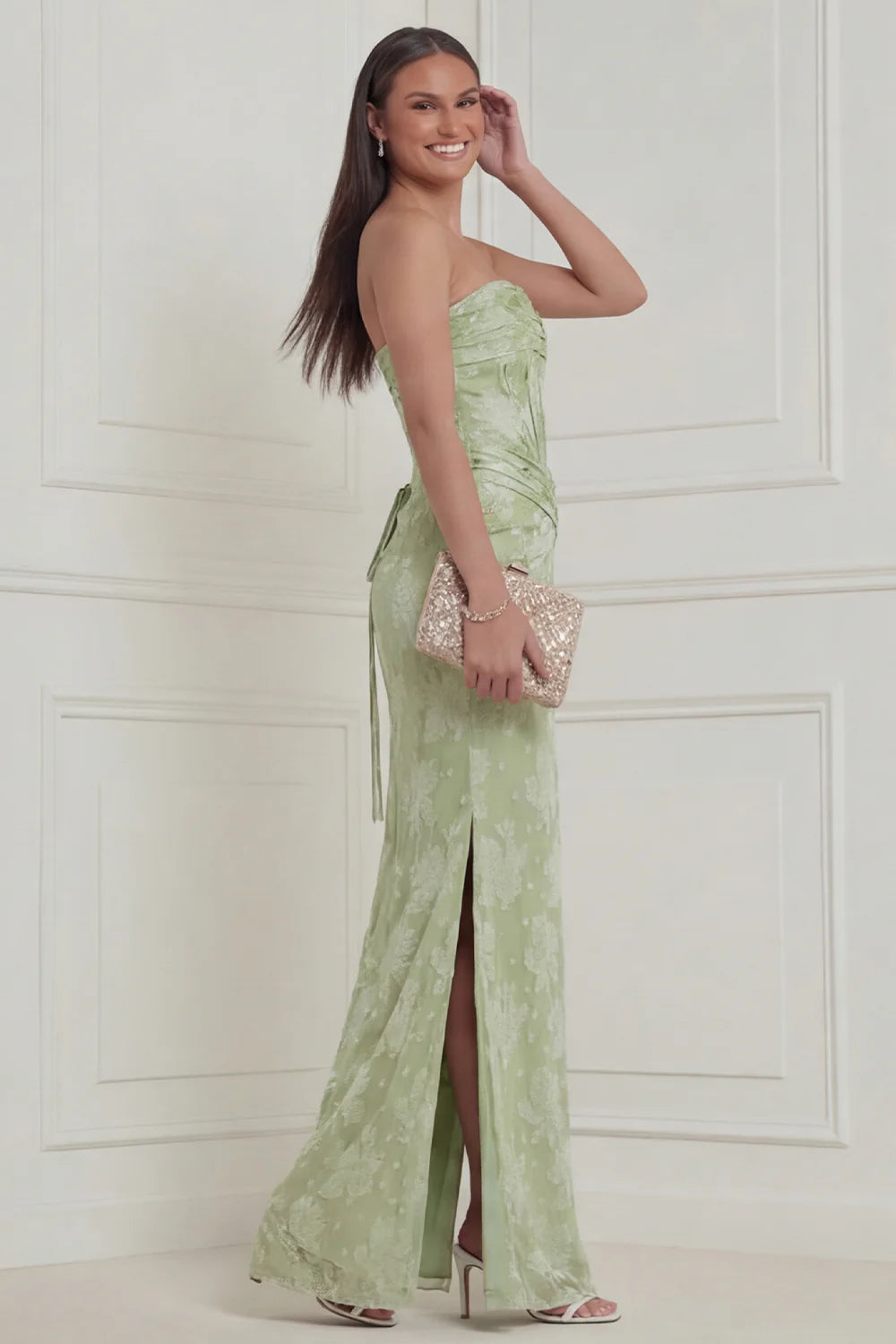 Sage Green Floral Strapless Corset Long Bridesmaid Dress with Slit