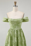Sage Green Floral A Line Jacquard Off The Shoulder Midi Dress