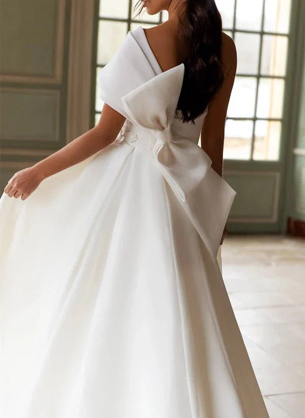 A Line One Shoulder Organza Sweep Train Wedding Dress With Appliques Lace
