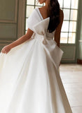 A Line One Shoulder Organza Sweep Train Wedding Dress With Appliques Lace