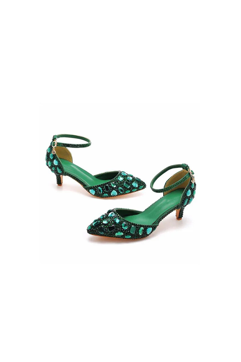 Pointed Toe Crystal Diamond Ankle Strap Kitten Heels