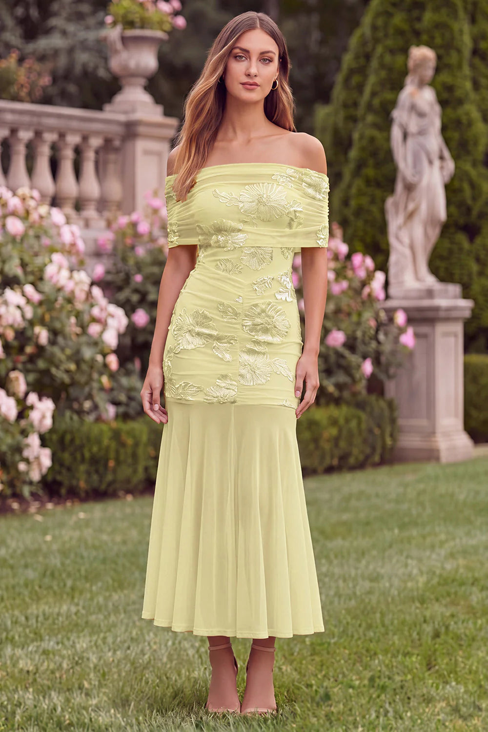 Off the Shoulder Baby Blue Mermaid Floral Wedding Guest Dress
