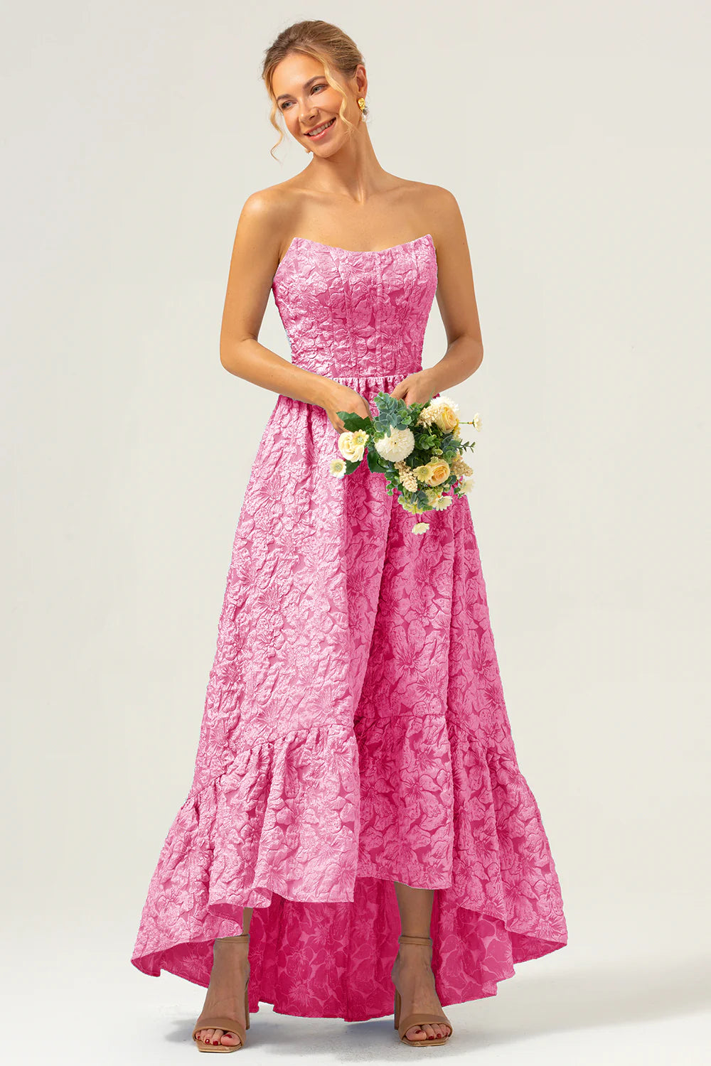 Blue A Line Strapless Brocade High Low Floral Bridesmaid Dress