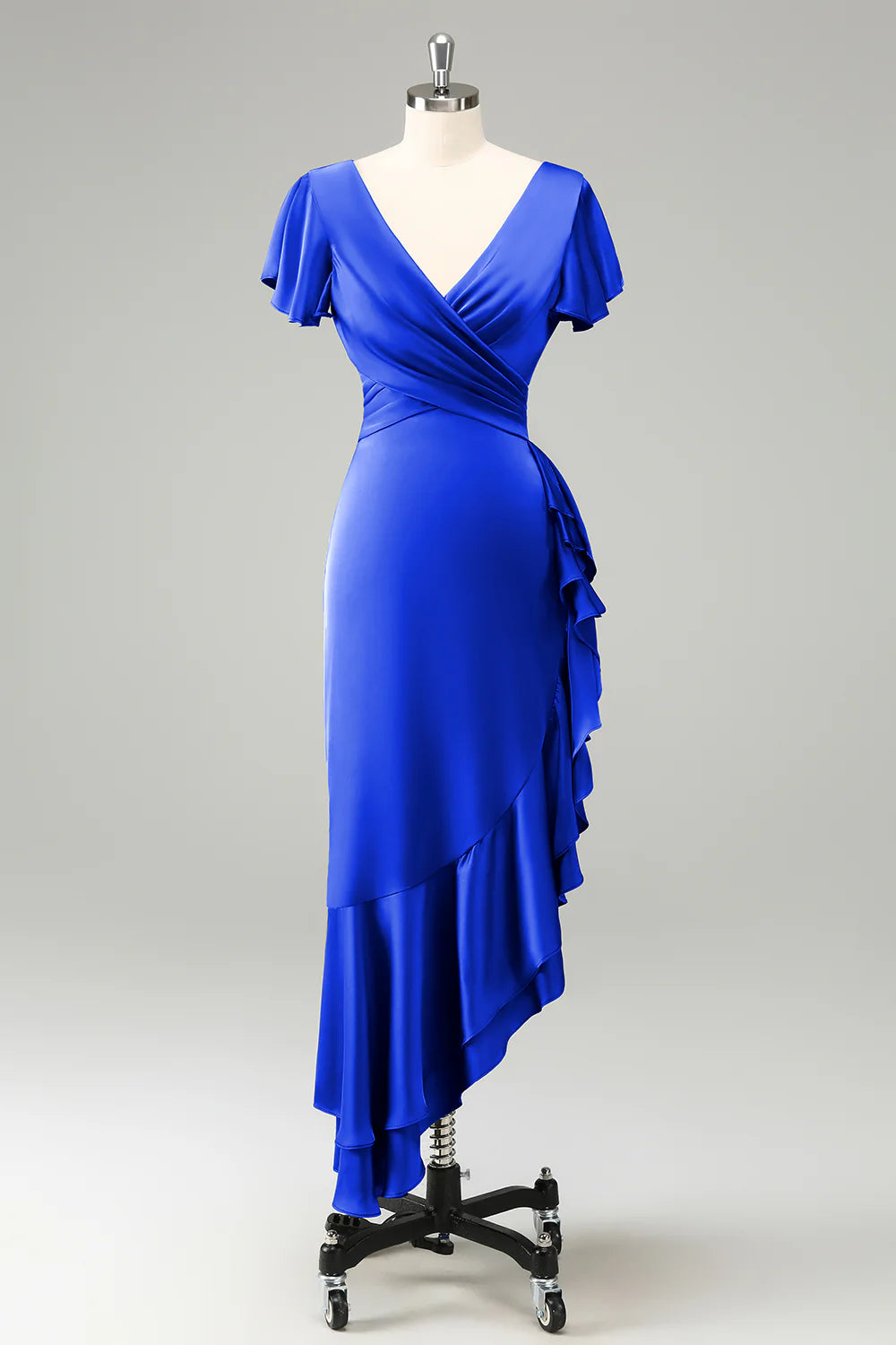 Elegant Olive A Line V Neck Short Sleeves Asymmetrical Bridesmaid Dress with Ruffles