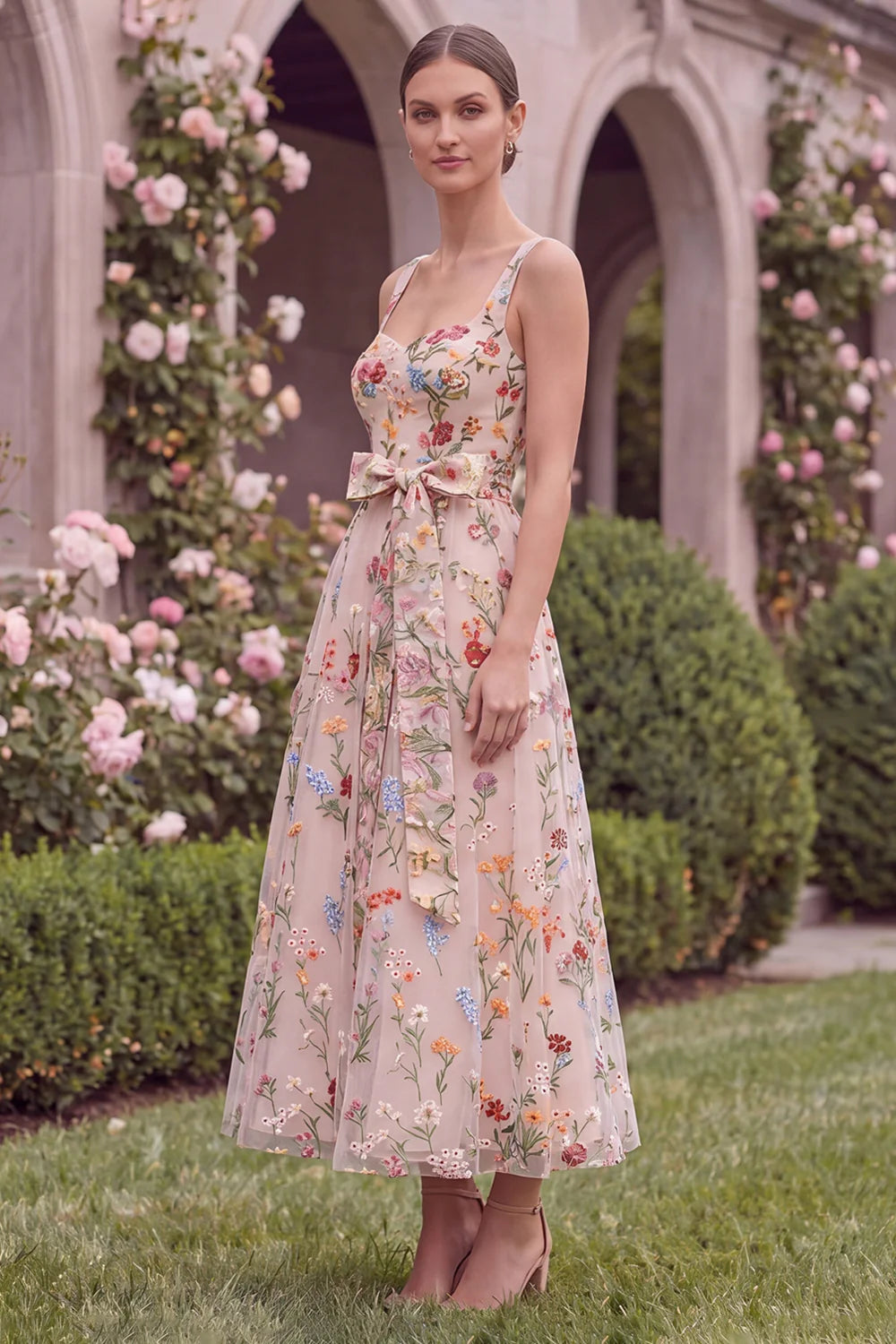 Pink Embroidered Floral A Line Midi Wedding Guest Dress with Bow