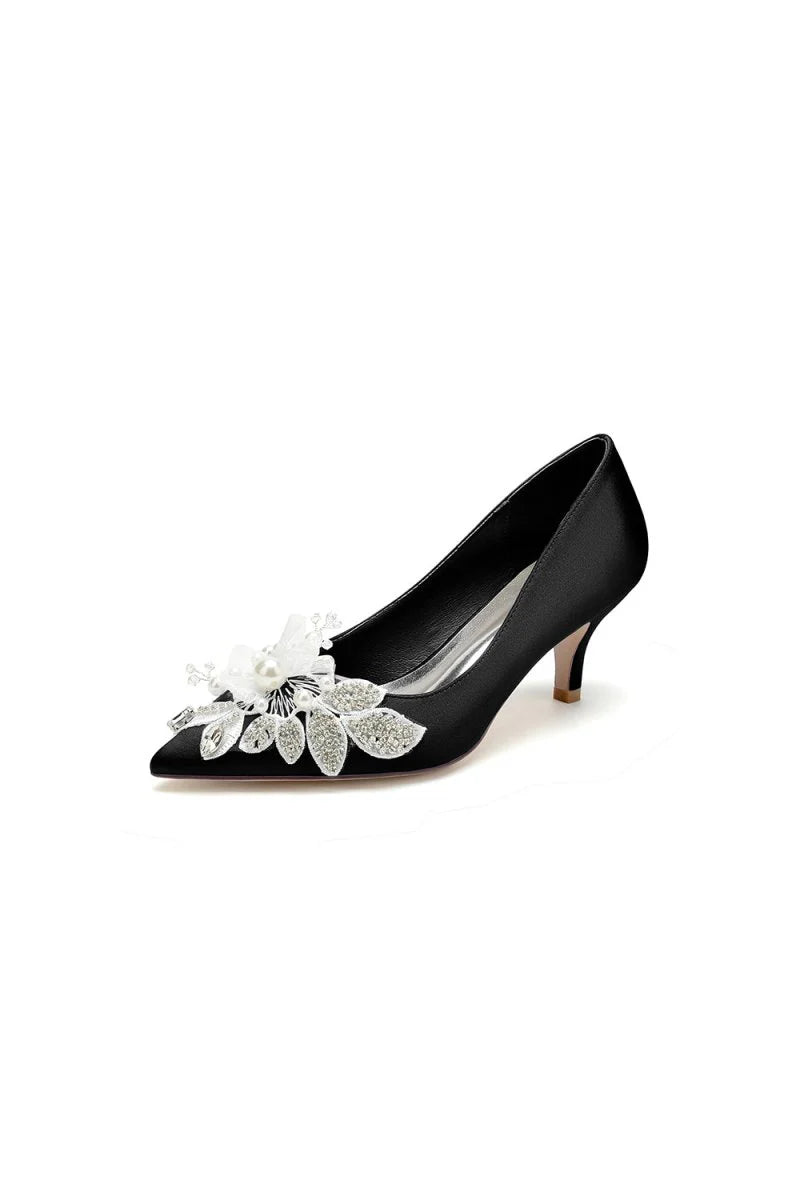 Floral Beading Pointed Toe Satin Kitten Heels