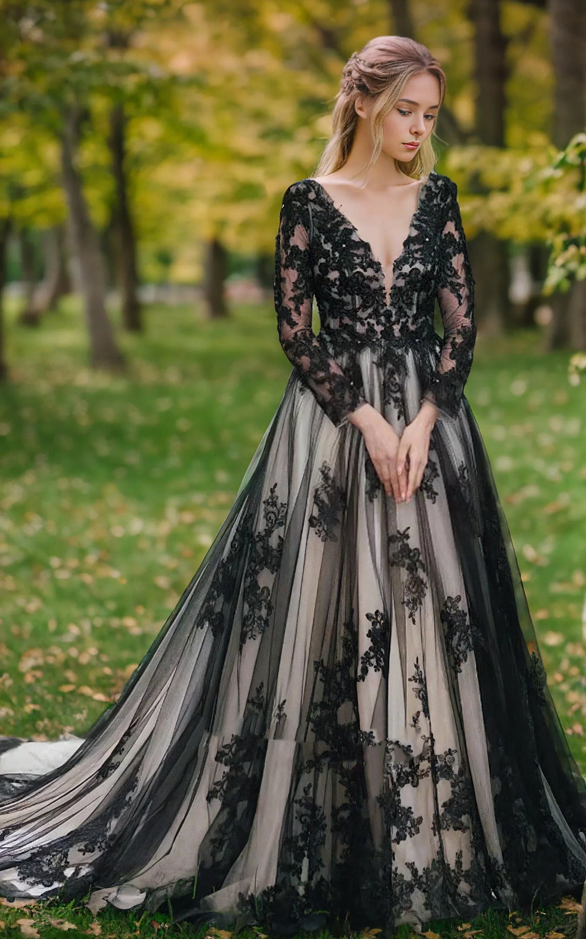 Non Traditional Gothic Black and White Boho Lace Wedding Dress Flowy Forest Sleeved Backless Bridal Gown with Court Train