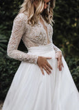 Luxurious Lace Beading Long Sleeves A Line Pleated Tulle Wedding Dresses