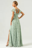 Dusty Sage A Line Square Neck Floor Length Print Bridesmaid Dress with Slit