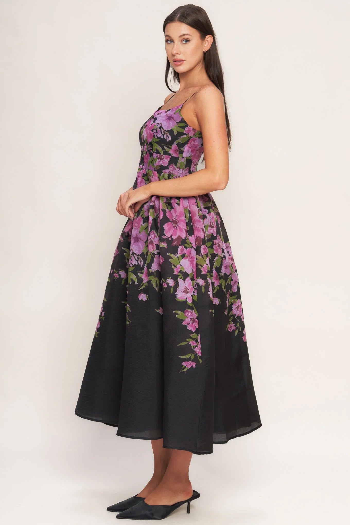 NIGHTFALL BLOSSOM BLACK MIDI DRESS