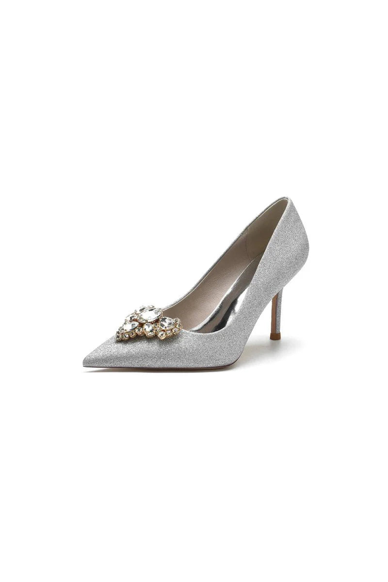 Stunning Pointed Toe Glitter High Heels With Rhinestone