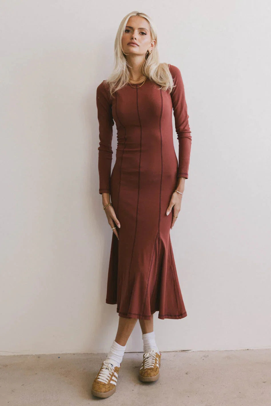 Fiona Ribbed Godet Dress in Rust FINAL SALE