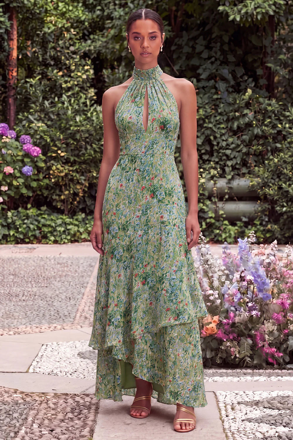 Sage Halter Keyhole Asymmetrical Floral Wedding Guest Dress