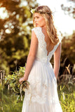V Neck Long Cap Sleeve Appliqued Lace Tulle Wedding Dress