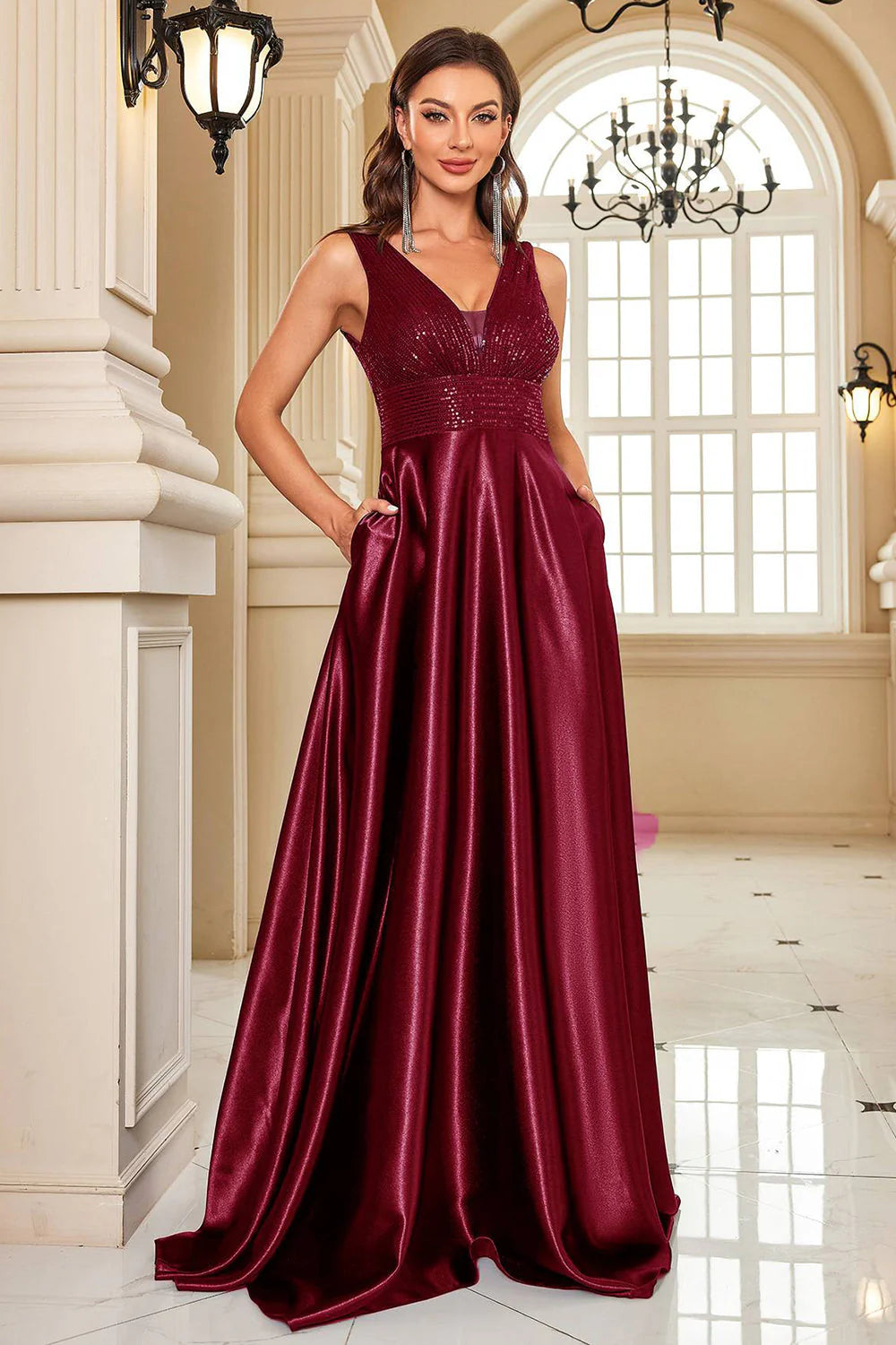 Sparkly Navy A Line V Neck Sequins Satin Formal Dress with Pockets