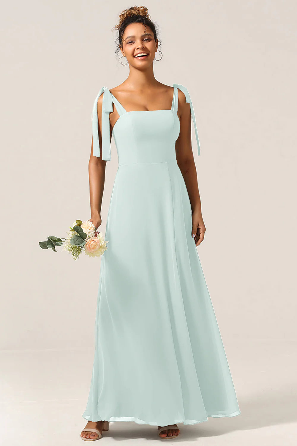 A Line Spaghetti Straps Floor Length Chiffon Bridesmaid Dress with Slit