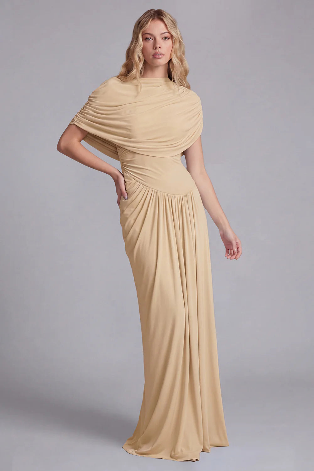 Sky Blue Mermaid Ruched Maxi Dress with Cape Sleeves