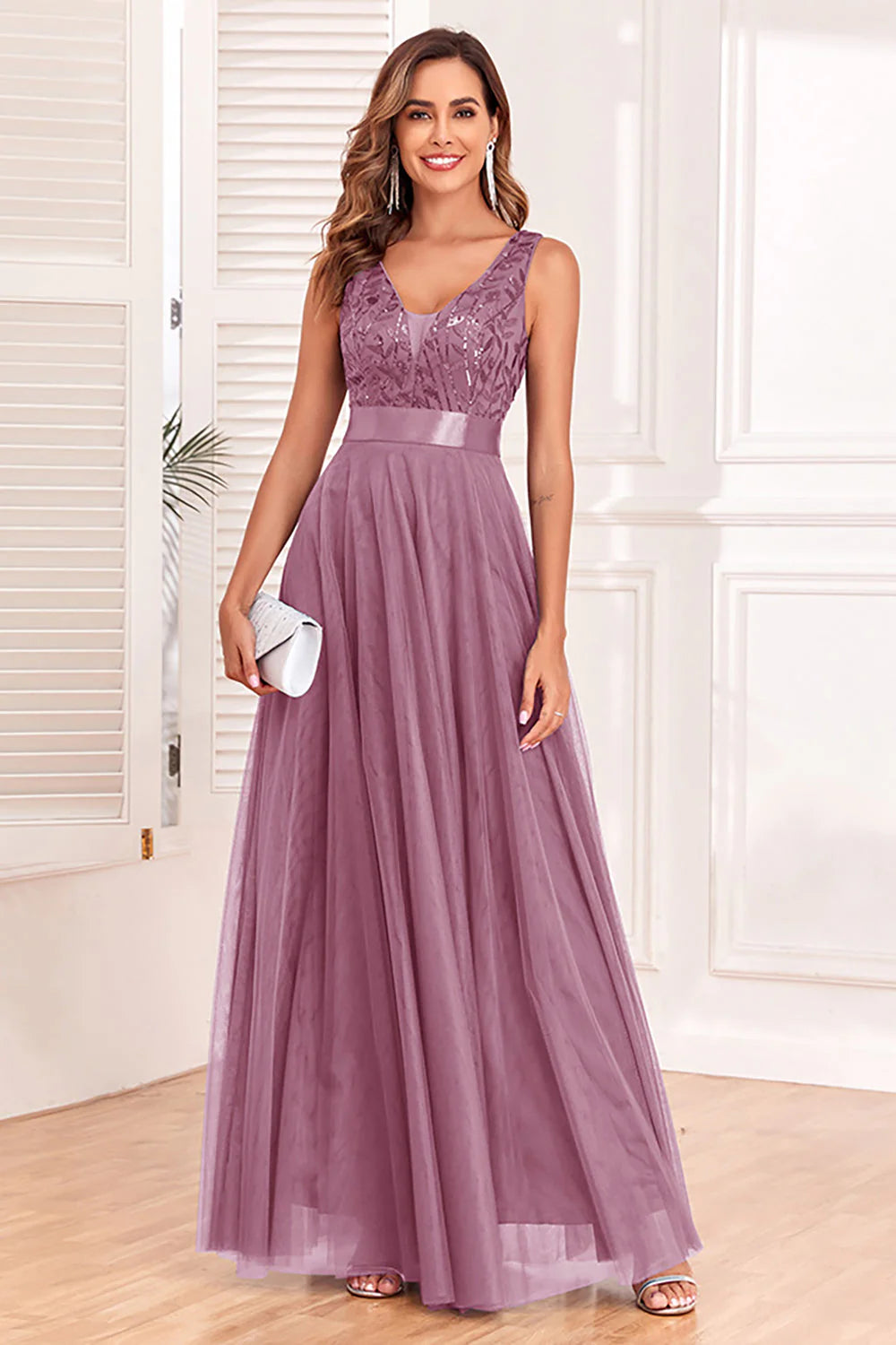 Sparkly Blue A Line V Neck Mother of the Bride Dress