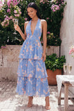 Blue Halter A Line Tiered Floral Wedding Guest Dress
