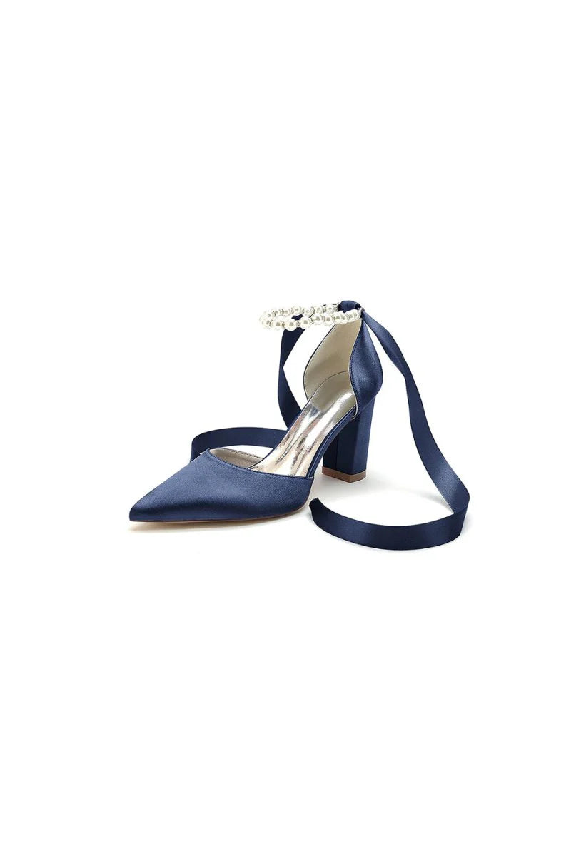 Pearl Ribbon Pointed Toe Ankle Strap Chunky Heel
