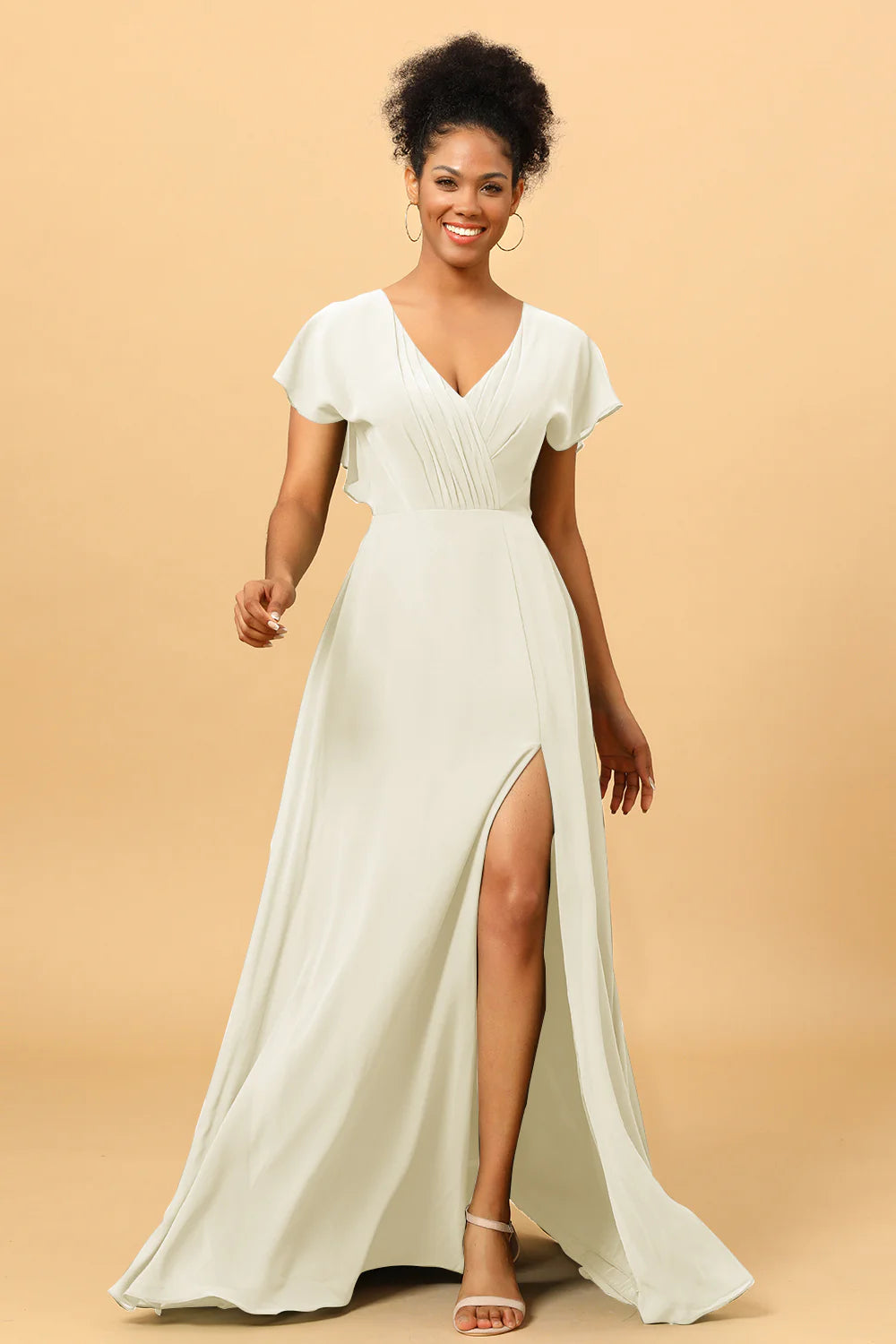 A Line V Neck Ruched Chiffon Bridesmaid Dress with Slit
