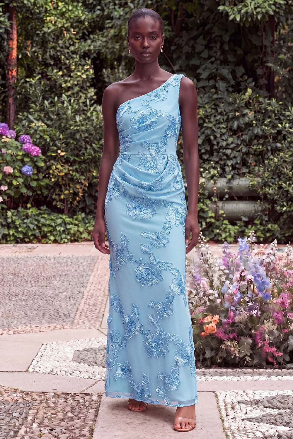 Sage Floral Embroidery One Shoulder Mermaid Wedding Guest Dress