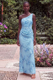 Sage Floral Embroidery One Shoulder Mermaid Wedding Guest Dress