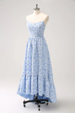 Blue A Line Brocade Strapless High Low Floral Dress with Ruffles