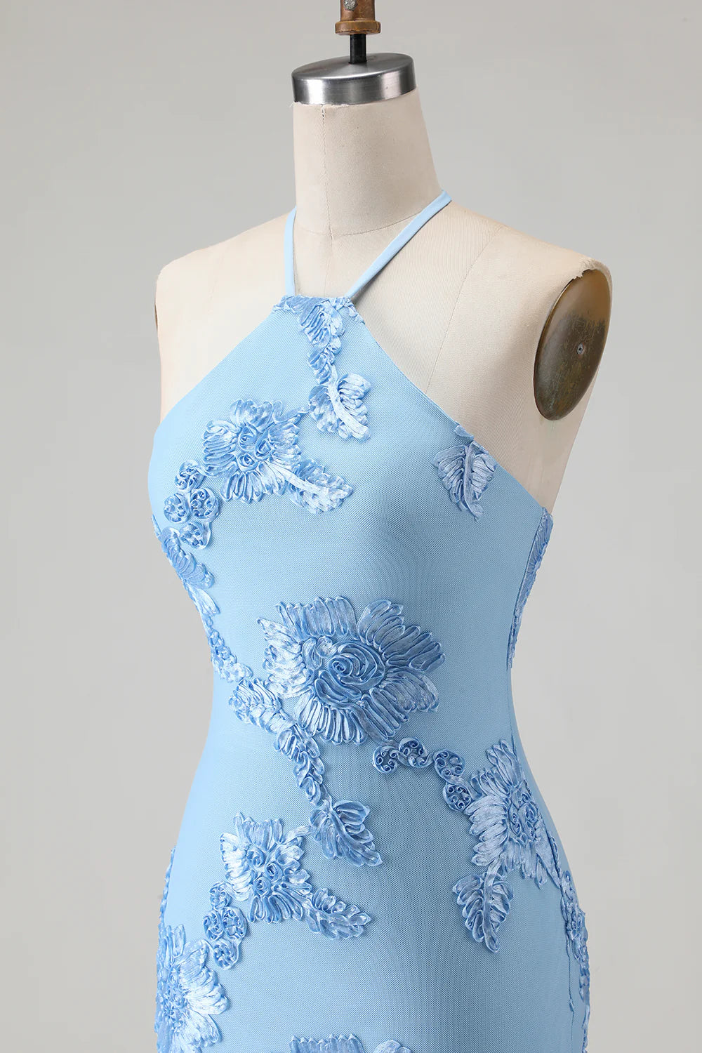 Light Blue Halter Mermaid Open Back Long Prom Dress with Appliques