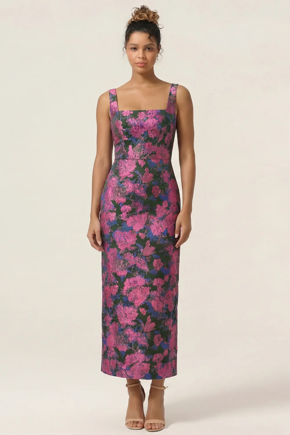 Lilac Flower Sheath Square Neck Ankle Length Wedding Guest Dress