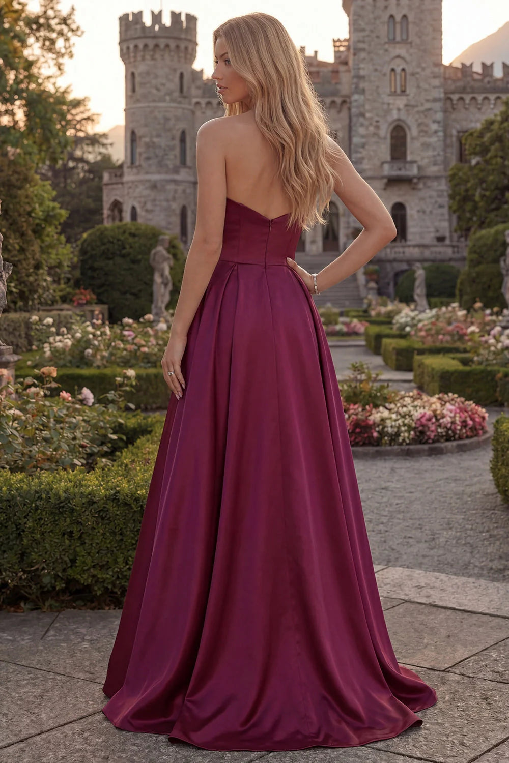 Fuchsia Strapless A Line Satin Maxi Prom Dress