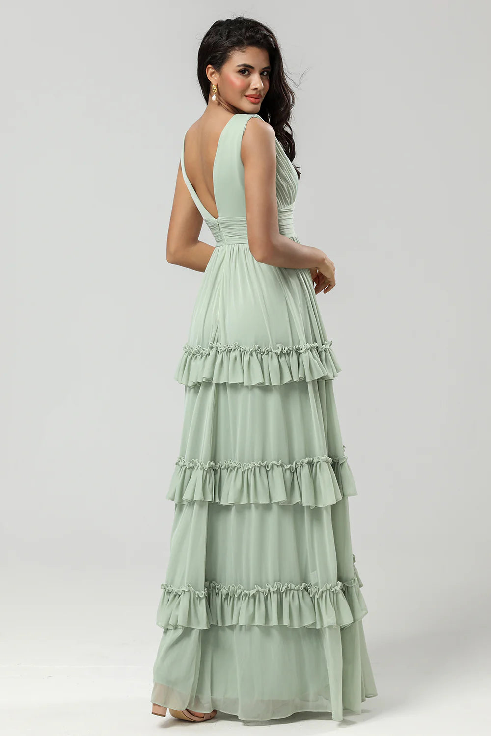 Dusty Sage A Line V Neck Long Knitted Chiffon Bridesmaid Dress With Ruffles