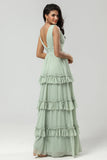 Dusty Sage A Line V Neck Long Knitted Chiffon Bridesmaid Dress With Ruffles