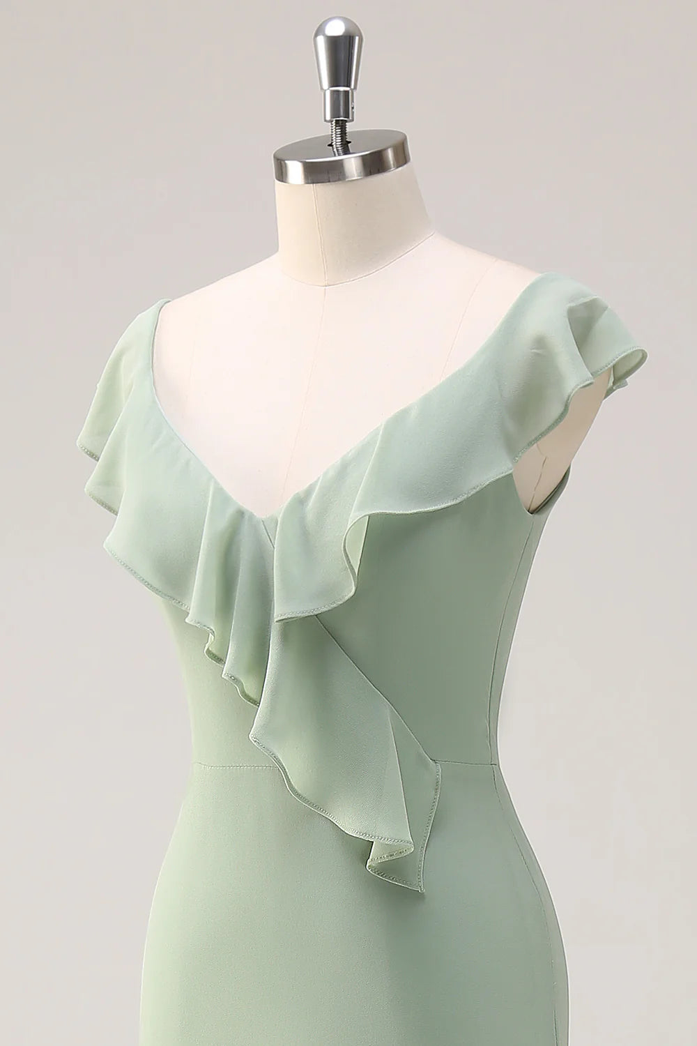 Dusty Sage Sheath V Neck Open Back Chiffon Long Bridesmaid Dress with Ruffles