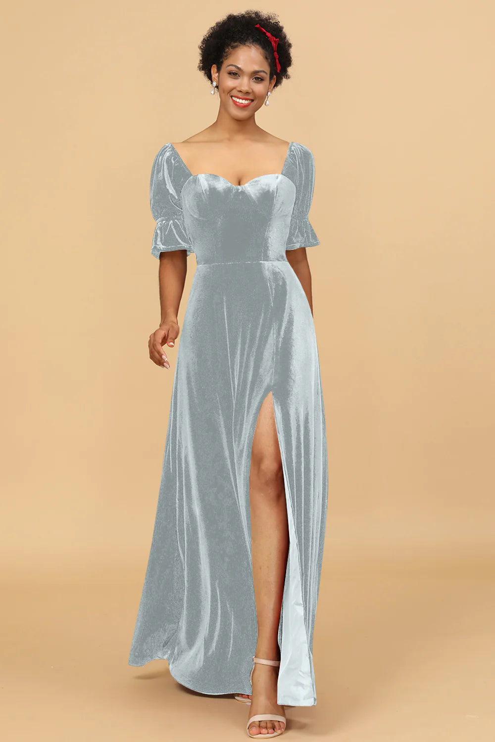 A Line Sweetheart Flare Sleeves Velvet Bridesmaid Dress with Slit