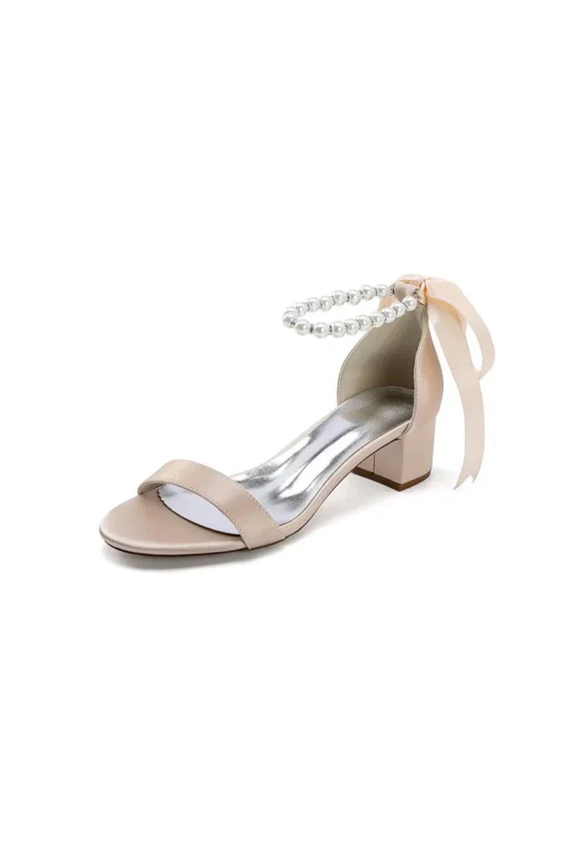 Block Heel Sandal Adorned with Pearl Ankle Band and Ribbon Bow