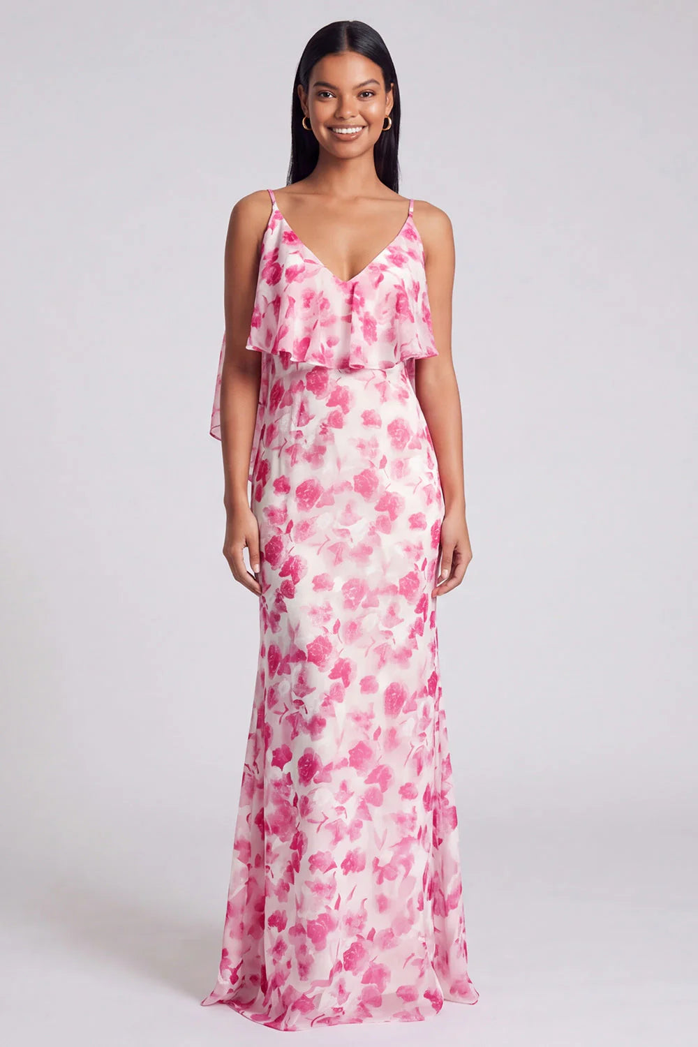 Light Blue Floral Spaghetti Straps Mermaid Maxi Dress