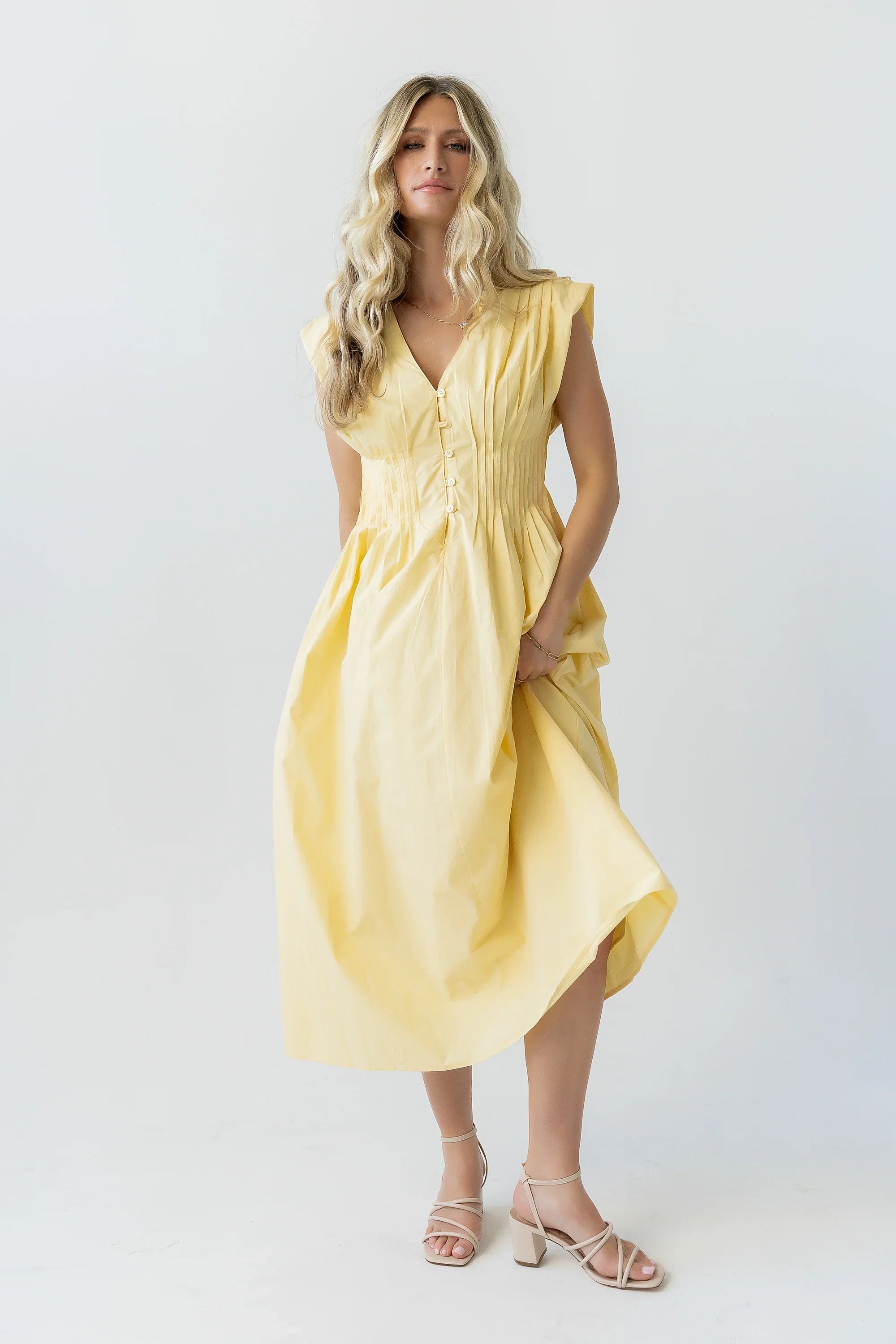 Barb Pleated Midi Dress in Yellow
