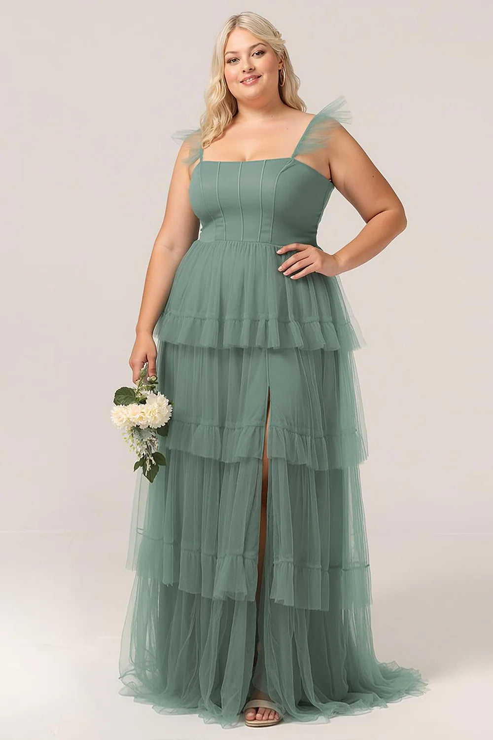 Eucalyptus A Line Spaghetti Straps Floor Length Tulle Bridesmaid Dress