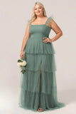 Eucalyptus A Line Spaghetti Straps Floor Length Tulle Bridesmaid Dress